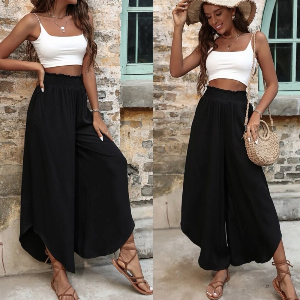 Boho paper-bag waist wide leg pants